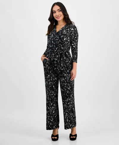 Inc International Concepts Petite Printed Long-sleeve Faux-wrap Jumpsuit, Exclusively At Macy's In Stella Abstract
