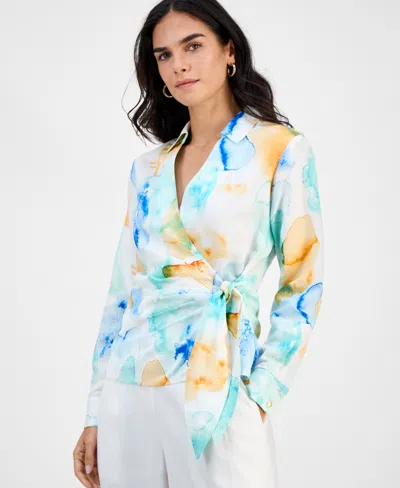 Inc International Concepts Petite Printed Long-sleeve Wrap Blouse, Macy's Exclusive In Multi