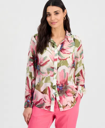 Inc International Concepts Petite Printed Long-sleeve Blouse, Created For Macy's In Multi