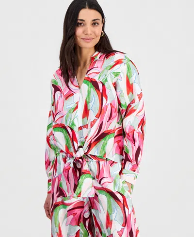 Inc International Concepts Petite Printed Long-sleeve Tie-front Blouse, Created For Macy's In Multi