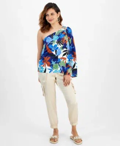 Inc International Concepts Petite Printed One Shoulder Top Cargo Joggers Created For Macys In French Cafe