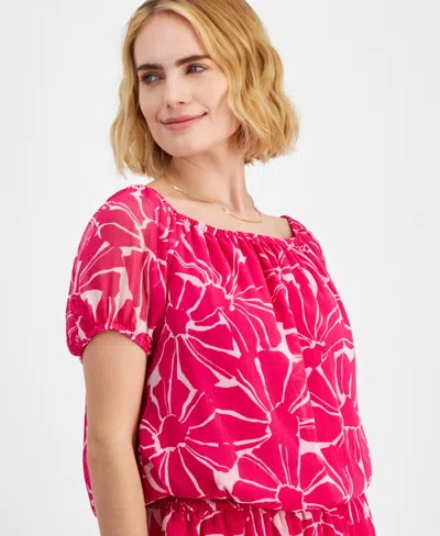 Inc International Concepts Petite Printed Puff-sleeve Top, Created For Macy's In Tala Blooms Pnk