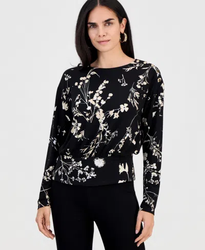 Inc International Concepts Petite Printed Round-neck Banded-hem Top, Macy's Exclusive In Black