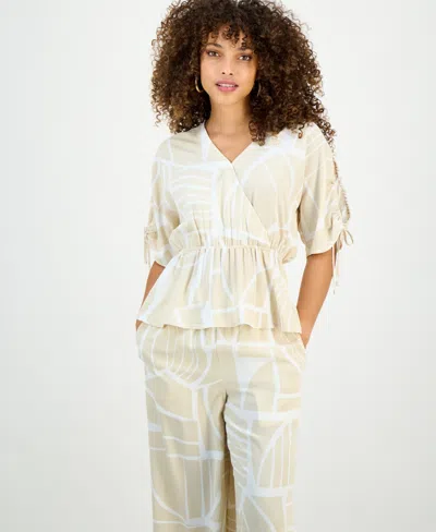Inc International Concepts Petite Printed Surplice Peplum Top, Macy's Exclusive In Neutral