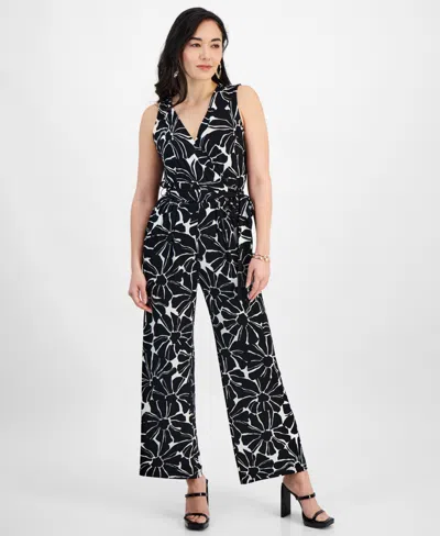 Inc International Concepts Petite Printed Tie-waist Sleeveless Jumpsuit, Created For Macy's In Tala Blooms Black