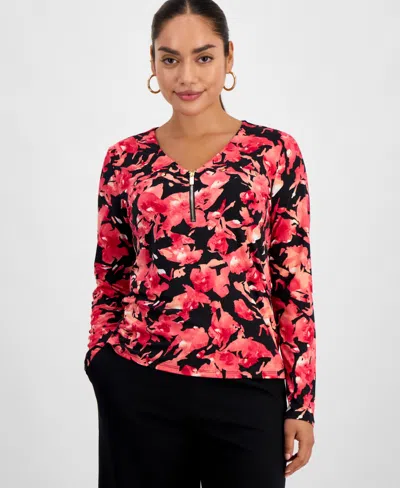 Inc International Concepts Petite Printed Zip-front Top, Macy's Exclusive In Multi