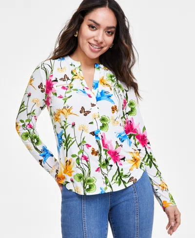 Inc International Concepts Petite Printed Zip-pocket Top, Created For Macy's In Risa Blooms