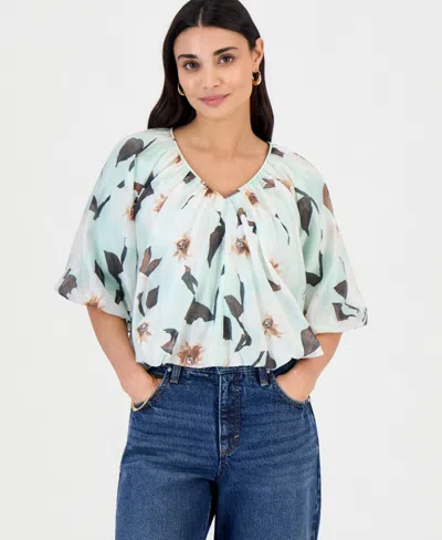 Inc International Concepts Petite Puff-sleeve Bubble Blouse, Macy's Exclusive In Gray