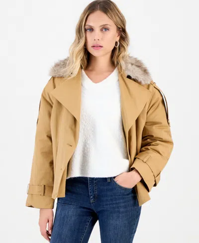 Inc International Concepts Petite Relaxed-fit Double-breasted Flight Jacket With Removable Faux-fur Collar, Macy's Exclusive In Brown