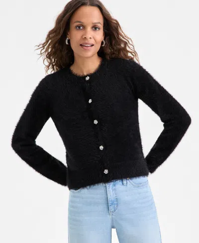 Inc International Concepts Petite Rhinestone-button Cardigan, Macy's Exclusive In Black