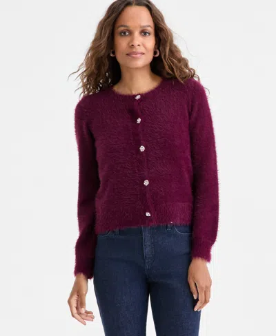 Inc International Concepts Petite Rhinestone-button Cardigan, Macy's Exclusive In Burgundy