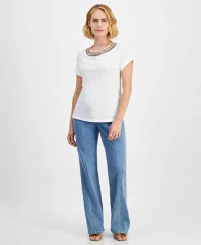 Inc International Concepts Petite Rhinestone Embellished Top Flare Leg Jeans Created For Macys In Light Indigo