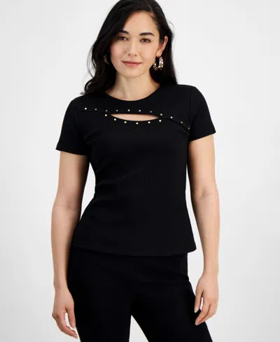 Inc International Concepts Petite Ribbed Cutout Studded Top, Created For Macy's In Deep Black