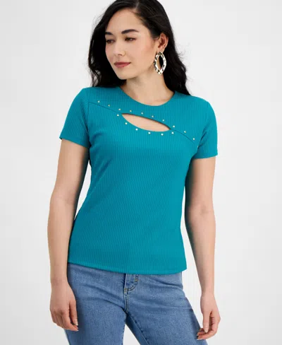 Inc International Concepts Petite Ribbed Cutout Studded Top, Created For Macy's In Blue