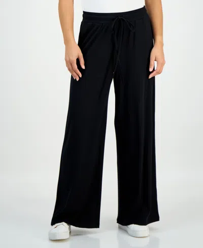 Inc International Concepts Petite Ribbed Knit High Rise Wide-leg Pants, Macy's Exclusive In Black