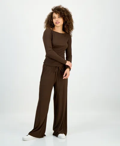 Inc International Concepts Petite Ribbed Knit High Rise Wide-leg Pants, Macy's Exclusive In Brown