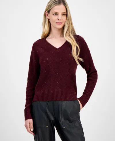 Inc International Concepts Petite Roving Sequin V-neck Sweater, Macy's Exclusive In Burgundy