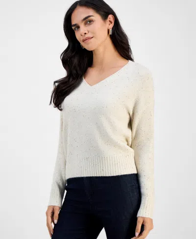 Inc International Concepts Petite Roving Sequin V-neck Sweater, Macy's Exclusive In Neutral