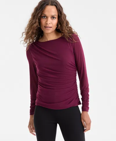 Inc International Concepts Petite Ruched Long-sleeve Top, Macy's Exclusive In Burgundy