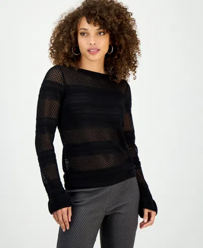Inc International Concepts Petite Ruffle Pointelle Sweater, Macy's Exclusive In Black