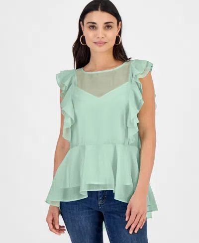 Inc International Concepts Petite Ruffle-sleeve Peplum Blouse, Macy's Exclusive In Green