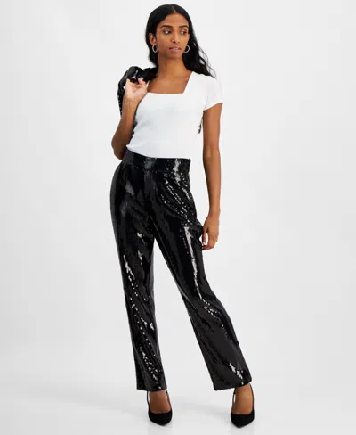 Inc International Concepts Petite Sequin-embellished Straight-leg Pants, Created For Macy's In Deep Black