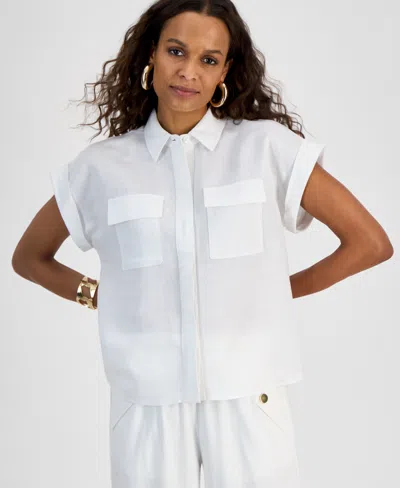 Inc International Concepts Petite Short-sleeve Button-front Shirt, Exclusively At Macy's In Bright White