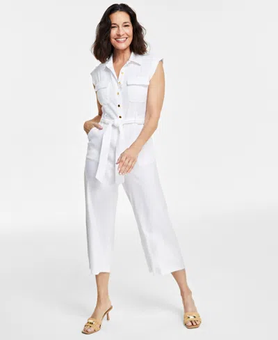 Inc International Concepts Petite Linen-blend Sleeveless Button-front Jumpsuit, Created For Macy's In Bright White