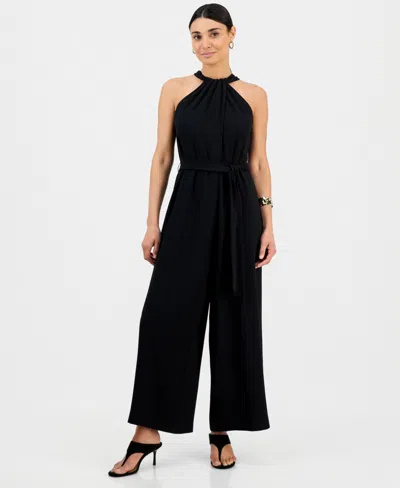 Inc International Concepts Petite Sleeveless Halter Tie-waist Jumpsuit, Macy's Exclusive In Black