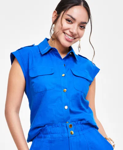 Inc International Concepts Petite Linen Sleeveless Utility Shirt, Created For Macy's In Intense Cobalt