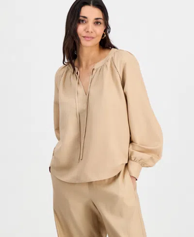 Inc International Concepts Petite Split-neck Blouson-sleeve Blouse, Macy's Exclusive In Brown