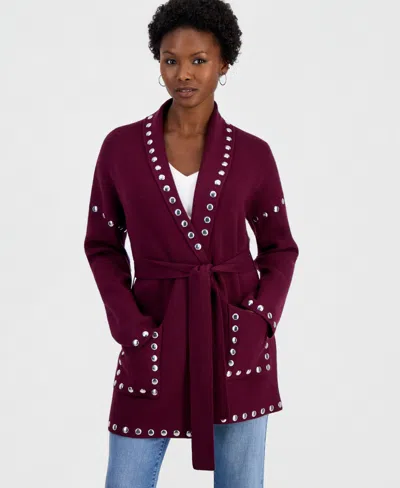 Inc International Concepts Petite Studded Cardigan, Macy's Exclusive In Burgundy