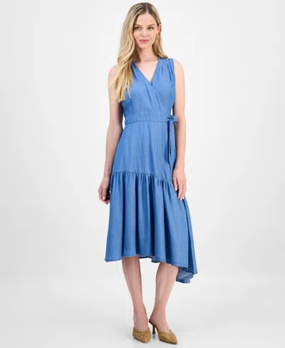 Inc International Concepts Petite Surplice-neck Sleeveless Dress, Macy's Exclusive In Blue