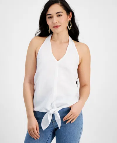 Inc International Concepts Petite Linen-blend Tie-hem Halter Top, Created For Macy's In Bright White