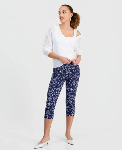 Inc International Concepts Petite Tummy-control Pull-on Capri Pants, Created For Macy's In Blue