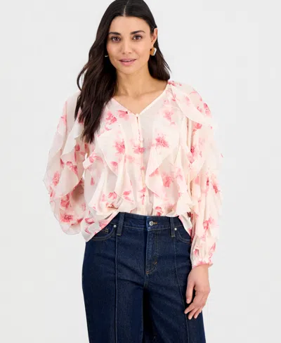 Inc International Concepts Petite V-neck Ruffled Blouse, Created For Macy's In Pink