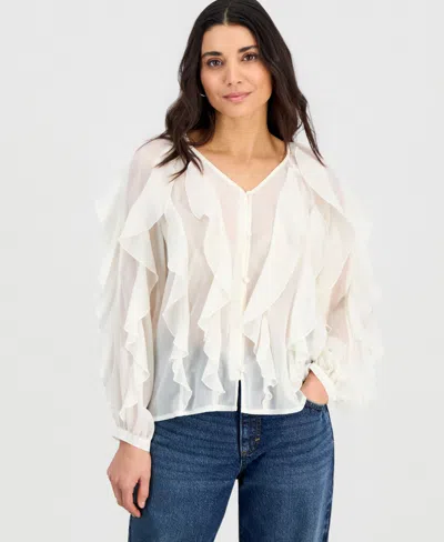 Inc International Concepts Petite V-neck Ruffled Blouse, Created For Macy's In White