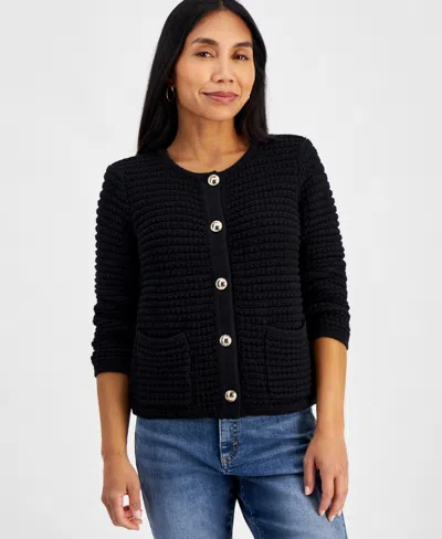 Inc International Concepts Petite Yarn-blend Button-down Cardigan Sweater, Created For Macy's In Deep Black