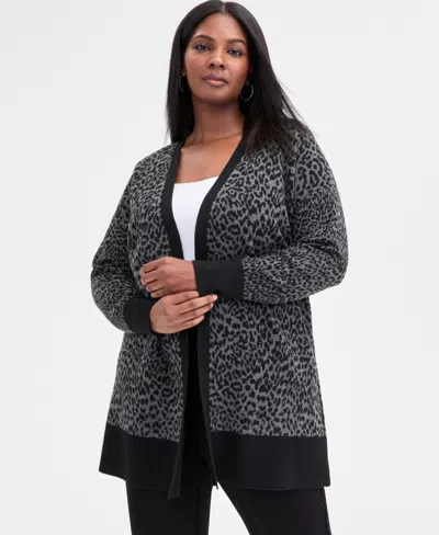 Inc International Concepts Plus Size Animal Jacquard Cardigan, Macy's Exclusive In Black