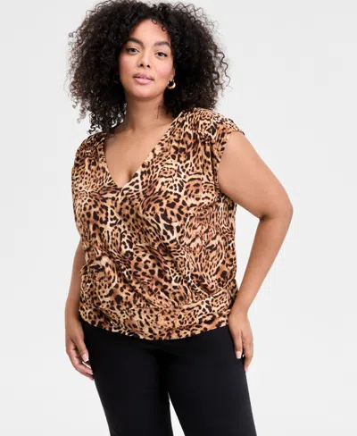 Inc International Concepts Plus Size Animal-print V-neck Top, Exclusively At Macy's In Brown