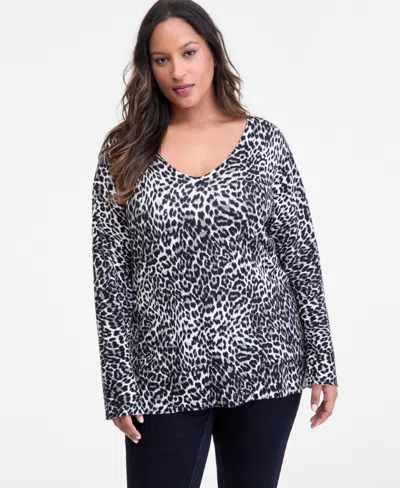 Inc International Concepts Plus Size Animal-print V-neck Tunic, Macy's Exclusive In Black