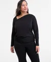 Inc International Concepts Plus Size Asymmetric-neck Long-sleeve Top, Macy's Exclusive In Black