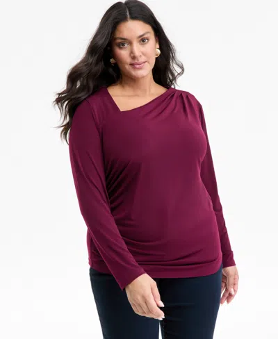Inc International Concepts Plus Size Asymmetric-neck Long-sleeve Top, Macy's Exclusive In Burgundy