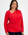 Inc International Concepts Plus Size Asymmetric-neck Long-sleeve Top, Macy's Exclusive In Red