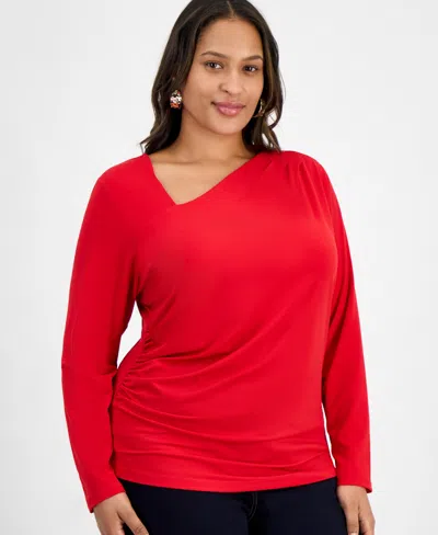 Inc International Concepts Plus Size Asymmetric-neck Long-sleeve Top, Macy's Exclusive In Red