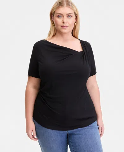 Inc International Concepts Plus Size Asymmetric Neck Short-sleeve Top, Macy's Exclusive In Black