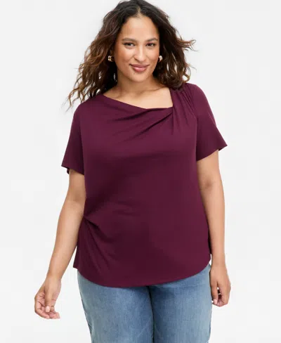 Inc International Concepts Plus Size Asymmetric Neck Short-sleeve Top, Macy's Exclusive In Berry Wine