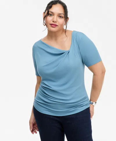 Inc International Concepts Plus Size Asymmetric Neck Short-sleeve Top, Macy's Exclusive In Blue Ash