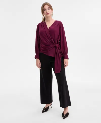 Inc International Concepts Plus Size Asymmetrical Tie-front Blouse, Macy's Exclusive In Burgundy