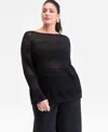 Inc International Concepts Plus Size Boat-neck Pointelle Sweater, Macy's Exclusive In Black